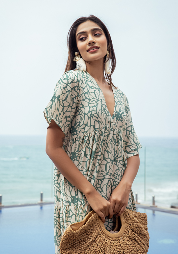 JENNY V NECK GREEN & WHITE DRESS